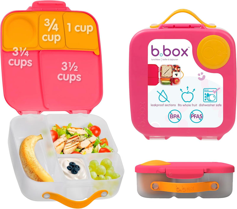 b.box Lunchbox Jumbo Bento Box with 4 Compartments (2 Leakproof), Removable Divider, Gel Cold Pack Ideal for School from 3+ 1L Capacity - Strawberry Shake