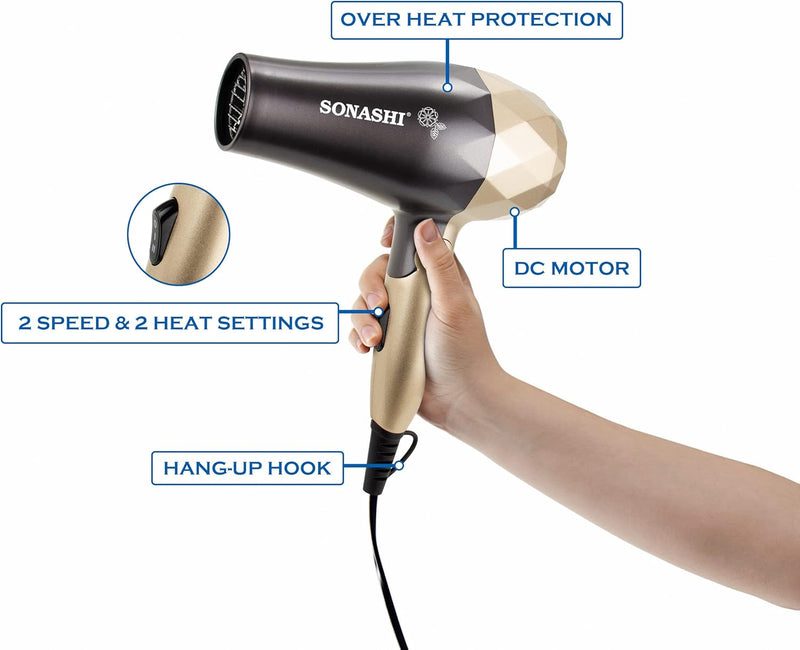 Sonashi Hair Dryer With 2 Heat And 2 Speed Settings Lightweight & Portable Design With Overheat Protection Foldable For Easy Storage Travel Friendly Professional Hair Dryer SHD-5008 Gold/Black