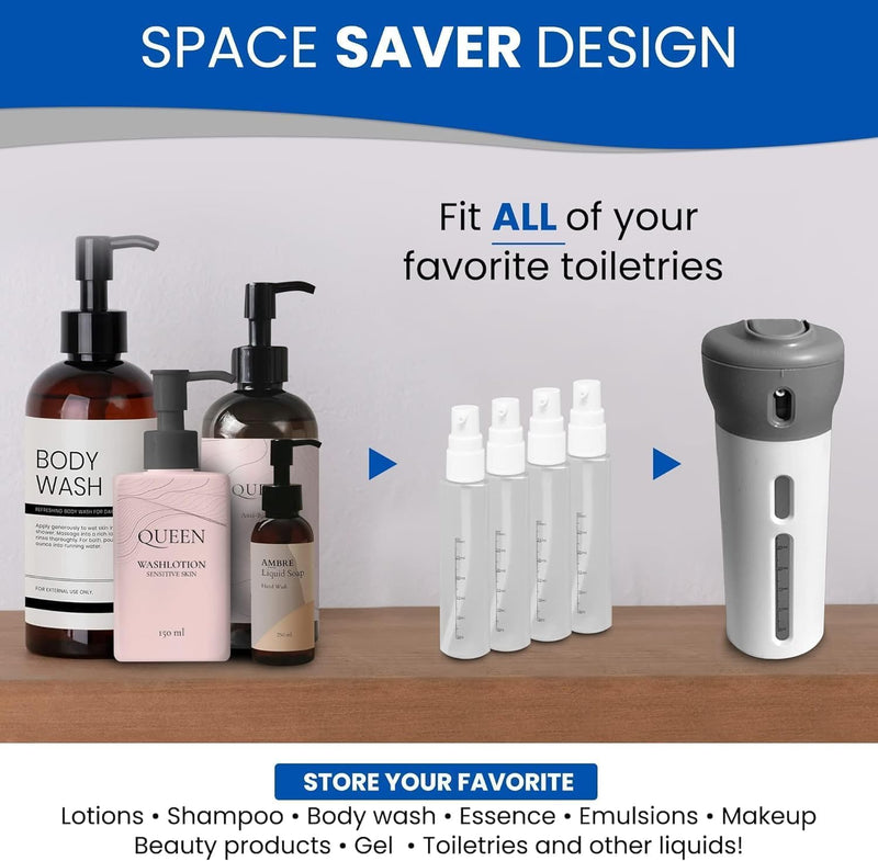 4 in 1 Travel Dispenser, Refillable Leak-Proof Kit with 4 Bottles, BPA-Free Containers for Shampoo & Conditioner, Portable Set for Toiletries