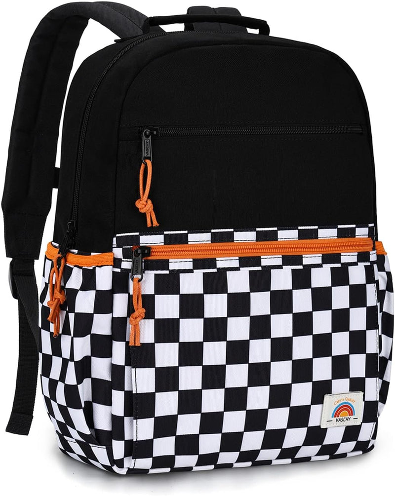 School Bag for Teen,Vaschy Lightweight Water Resistant Kids Toddller Backpack Boys Girls Plain Color-block Kids Bookbag Daypack with Two Sizes - Black Plaid-S