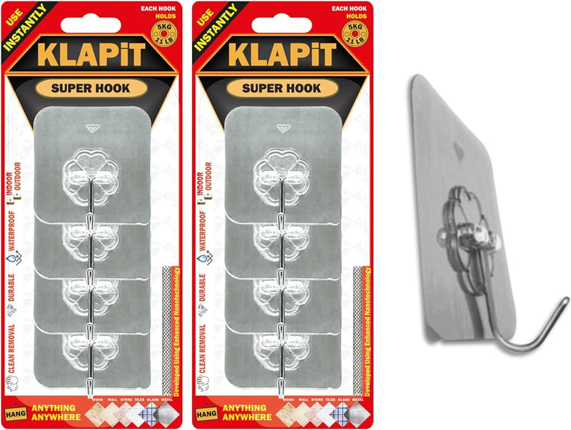 KLAPiT Super Hook Heavy Duty Adhesive, Holds 11 Pounds or 5Kg Weight, Waterproof and Damage Free for Wall, Tile, Wood, Stone, Glass, Metal, Made of Steel (Clear, 4 pc) - 8 pc Silver