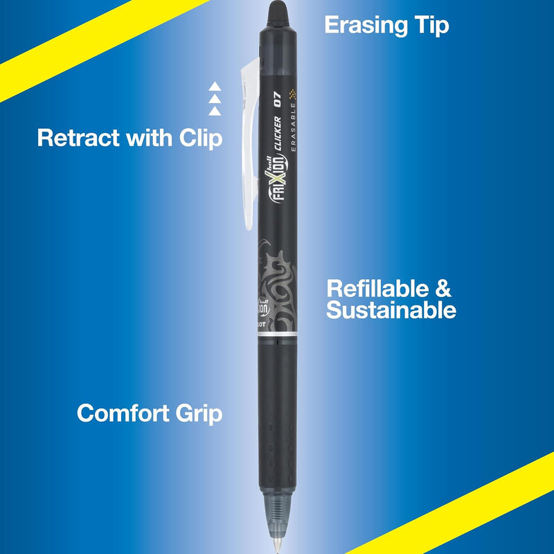 Pilot 465753 6 Count (Pack of 1) FriXion Clicker 0.7mm, Erasable Gel Pens, Fine Point (6-Pack) Black/Blue