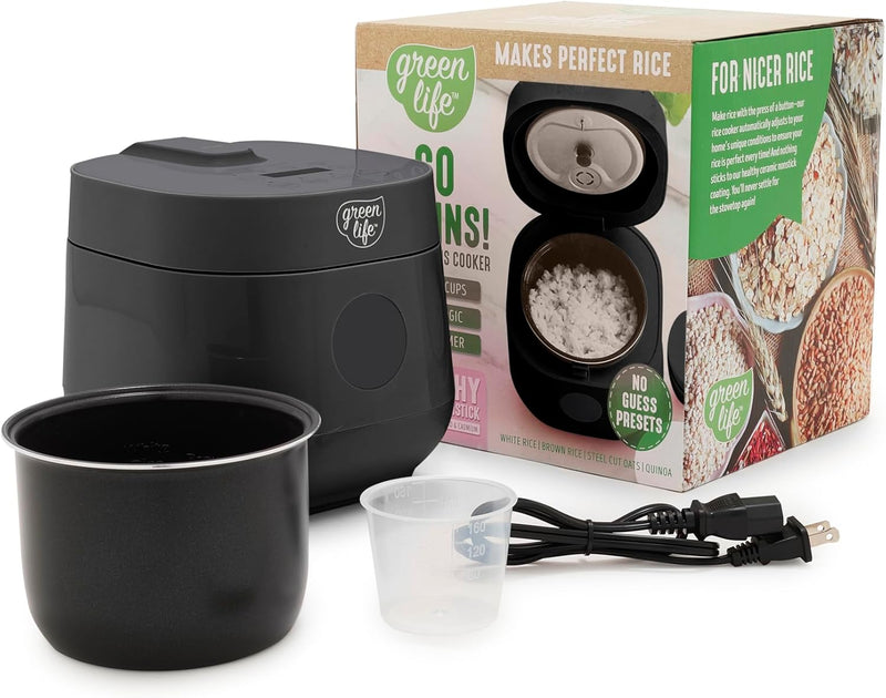 GreenLife Healthy Ceramic Nonstick 4-Cup Rice Oats and Grains Cooker, PFAS-Free, Dishwasher Safe Parts, Black