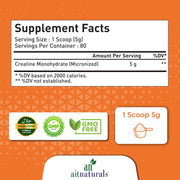 Aitnaturals 100% Micronized Creatine Monohydrate Powder Unflavoured - 400g/80 servings Muscle Building Support, Boosts Energy, Replenishes ATP Levels, Post Workout Supplement, Non-GMO, Gluten-Free