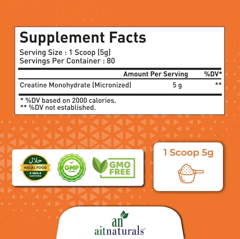 Aitnaturals 100% Micronized Creatine Monohydrate Powder Unflavoured - 400g/80 servings Muscle Building Support, Boosts Energy, Replenishes ATP Levels, Post Workout Supplement, Non-GMO, Gluten-Free