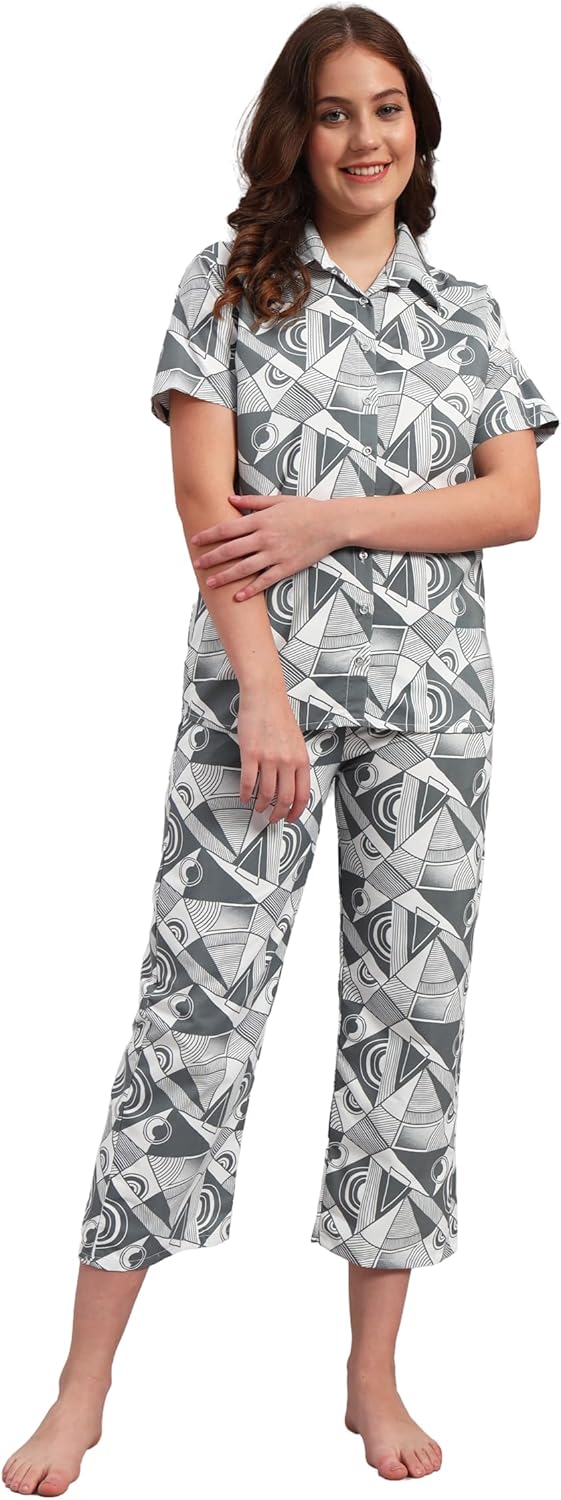 Womens Cotton Night Wear half sleeve button down collared shirt & Pyjama Set Sleepwear Night suit lounge wear - Green