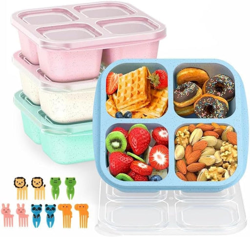 Bento Snack Boxes 4 Pack, Reusable 4-Compartment Food Containers with Fork, Lunch Storage for Adults & Teens, Bento for Work, School & Travel