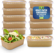 Disposable 25-Pack Kraft Paper Containers 500 ml with Lid, Rectangular Disposable Bowls, Sturdy Food Salad Containers, Eco-Friendly Takeaway Lunch Boxes, Microwave Safe, Heavy Duty Meal Prep Box - Brown (Pack 50) 650 ml