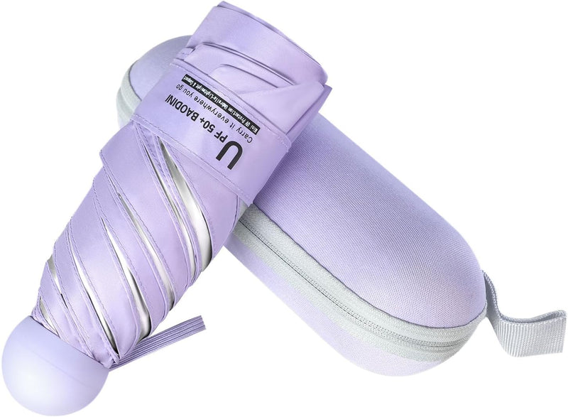 Travel Essentials Mini Umbrella for Purse With Case Small Compact UV Sun Protection Lightweight Tiny Pocket Manual Open Close Umbrella for Women Kids and Men Fit Purse Backpack - Silver Purple