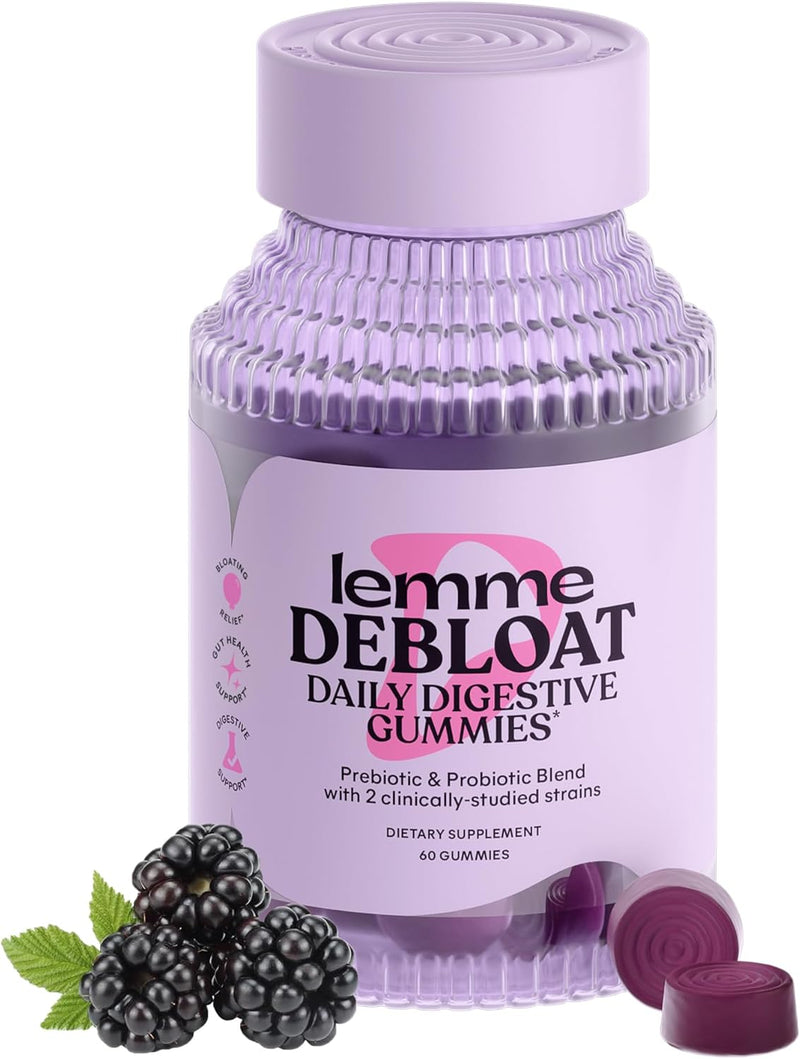 Debloat - Digestive & Gut Health Gummies with 2 Clinically Studied Probiotics & Prebiotic, 3 Billion CFUs - Vegan, Gluten Free, Non GMO, BlackBerry Flavor (60 Count) - 60 Count (Pack of 1)