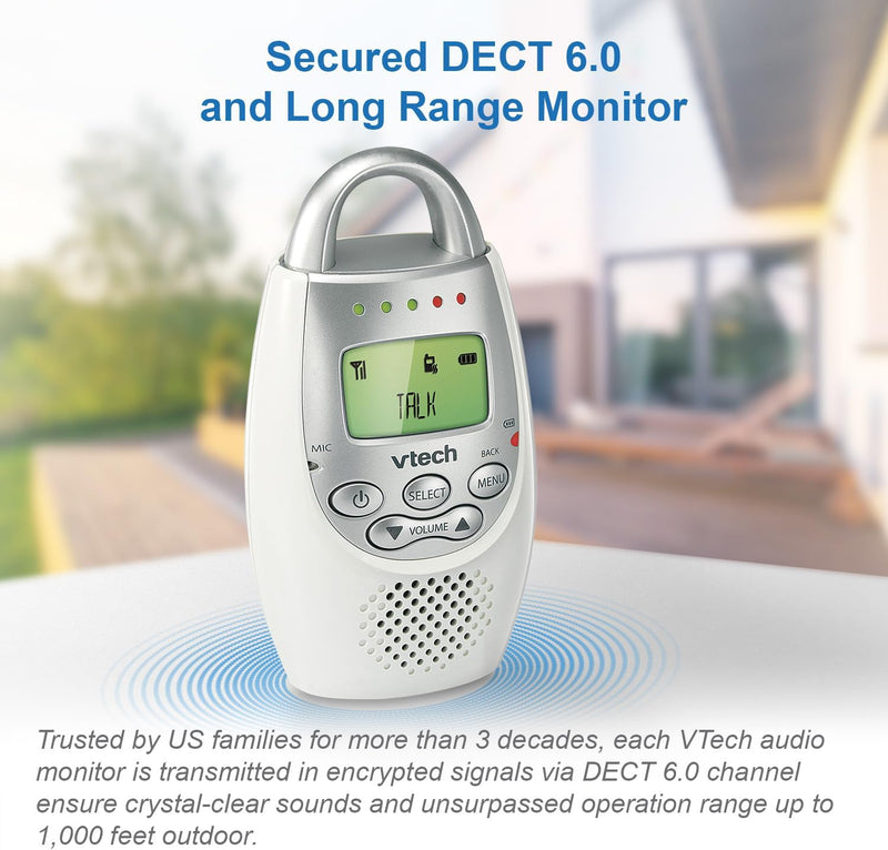 VTech DM221 Audio Baby Monitor with up to 1,000 ft of Range, Vibrating Sound-Alert, Talk Back Intercom & Night Light Loop, White/Silver