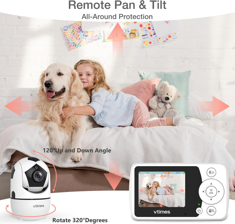 VTimes - Video Baby Monitor with Camera and Audio, LCD Display, Baby Camera Monitor, No WiFi Night Vision, VOX Mode, Panoramic Zoom Temperature Display, Audio
