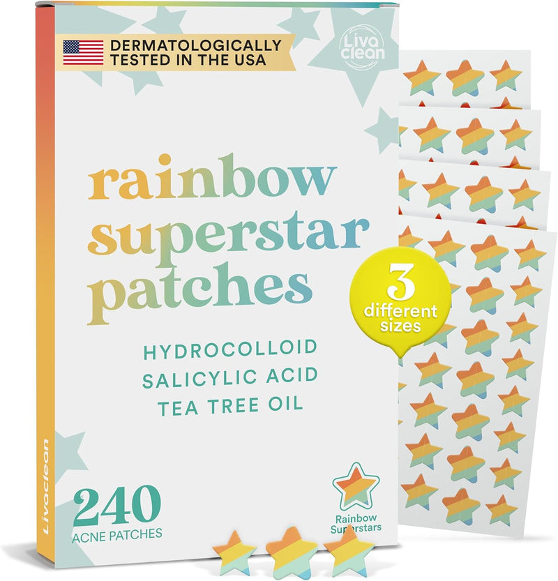 LivaClean Star Pimple Patches for Face w/Hydrocolloid, Salicylic Acid & Tea Tree, 240 Patches, Hydrocolloid Acne Patch, Cute Star Pimple Patch for Healing Stickers Zit Superstar