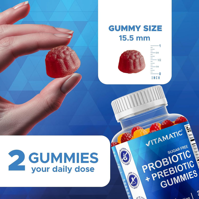 Probiotic + Prebiotic Gummies, 5 Billion CFU Digestive Support, Sugar Free Gut Health Supplement for Adults, Bacillus Coagulans with Inulin Fiber, 60 Gummies