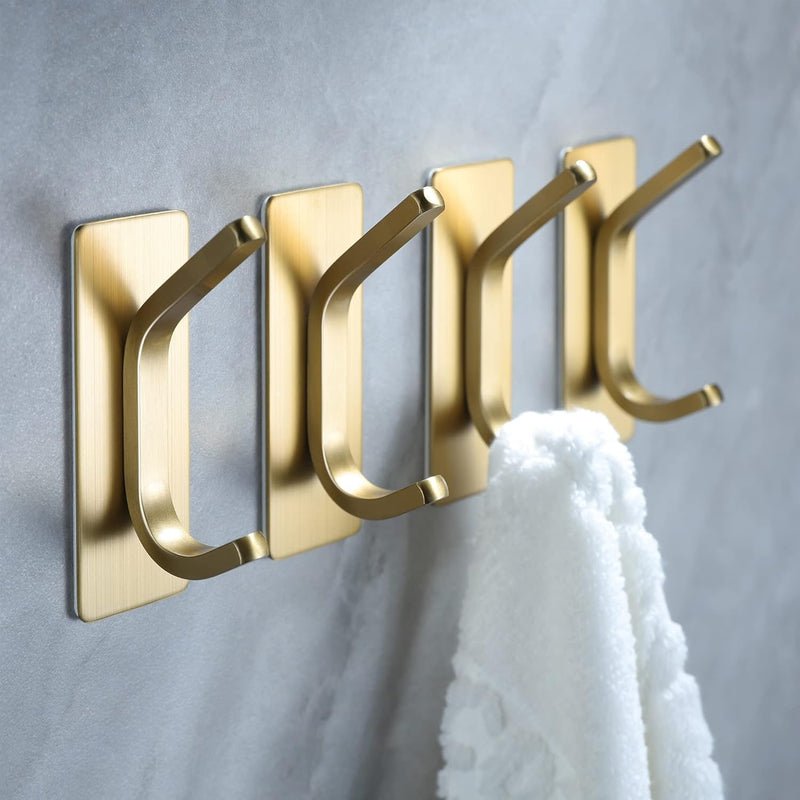 4pcs Stainless Steel Adhesive Hooks Wall Mounted, Heavy Duty Storage Wall Mount Hooks for Hanging Coat Clothes Towels Hat Bags for Home Entryway Bathroom Bedroom Kitchen Living Room (Silver) - Gold