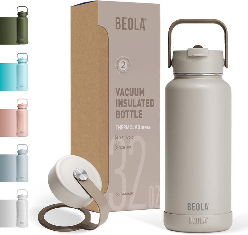 950ml Water Bottle 18/8 Stainless Steel 304 Double Wall Insulated Thermos Bottle with Straw Lid and wide mouth, 2 lids included, Hot Cold Liquids Sports Bottle, 32oz - Sand Dune