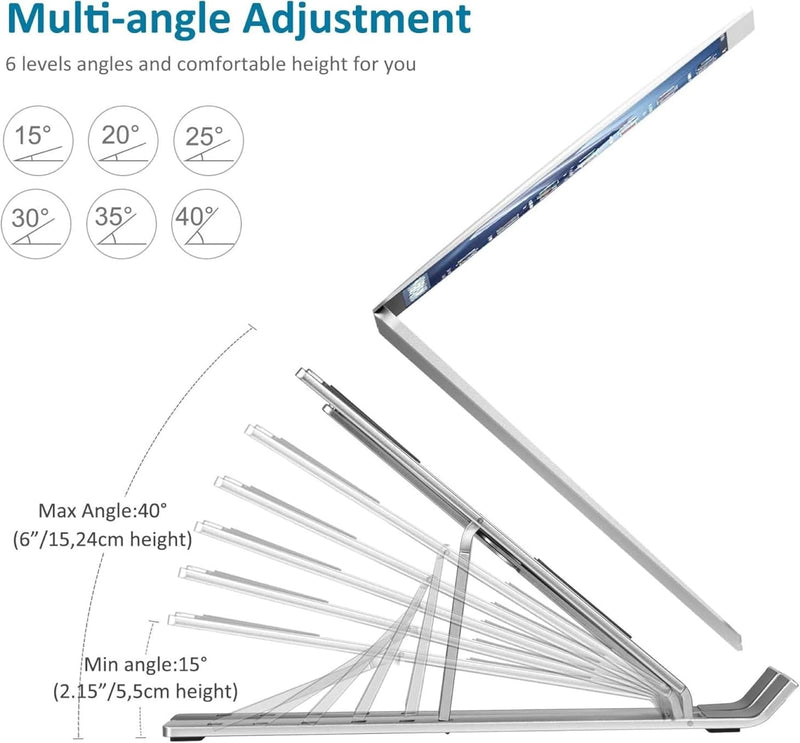 Adjustable Laptop Stand for Desk- Foldable Aluminum Laptop Stand Silver- Lightweight, Portable Laptop RiserDurable Laptop Holder Adjustable Compatible with MacBook, Dell, HP & More- 27x5.5x2.5cm