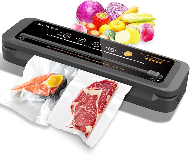 MEGAWISE 80kPa Vacuum Sealer, One-Touch Automatic Food Saver with Dry Moist Fresh Modes, Portable Vacuum Sealing Machine with 10 Vacuum Bags & Cutter - 15.2 x 4.1 x 2.3 inches black