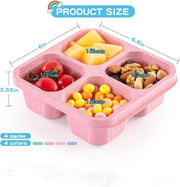4 Pcs Snack Boxes, 4-Compartment Reusable Bento Container, BPA-Free Wheat Straw, Stackable, Microwave and Freezer Safe, 5.8oz Per Compartment, for Kids, School, Work, Travel