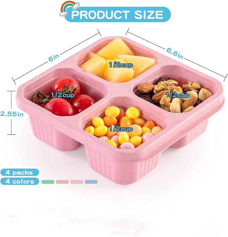 4 Pcs Snack Boxes, 4-Compartment Reusable Bento Container, BPA-Free Wheat Straw, Stackable, Microwave and Freezer Safe, 5.8oz Per Compartment, for Kids, School, Work, Travel
