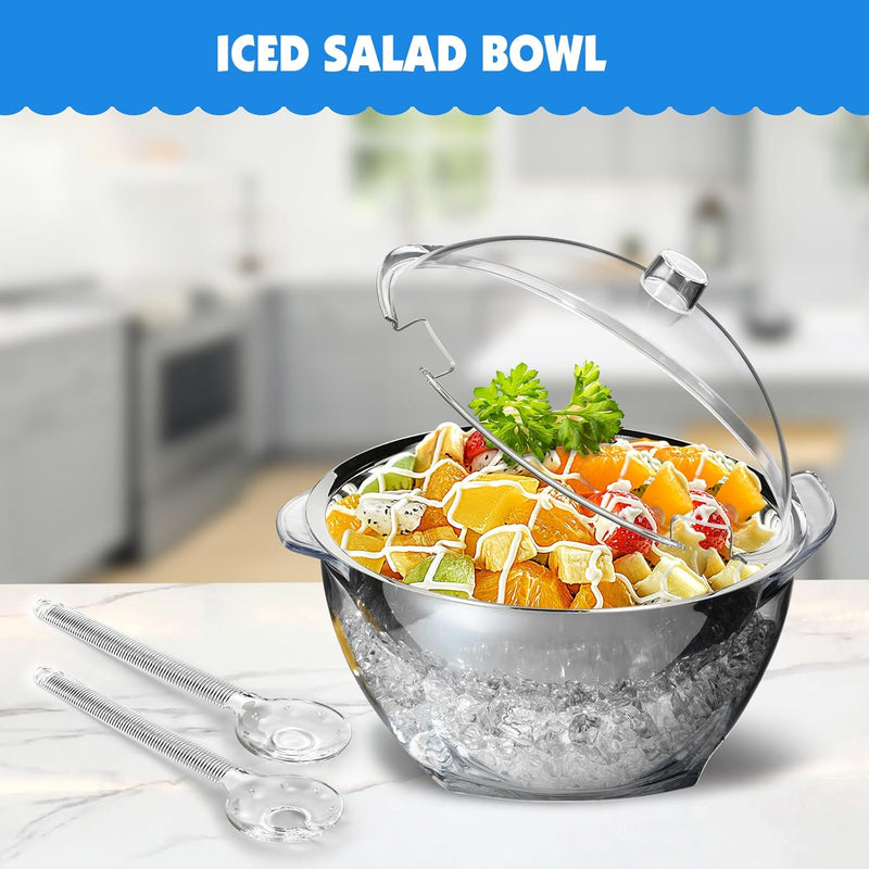 MEHOEIME Large Ice Chill Salad Bowl with Lid, Iced Serving Bowl with Ice Chiller Base For Parties, Keep Food Cold at Party, Ice Chilled Tray, Long Spoons, Extra, Clear