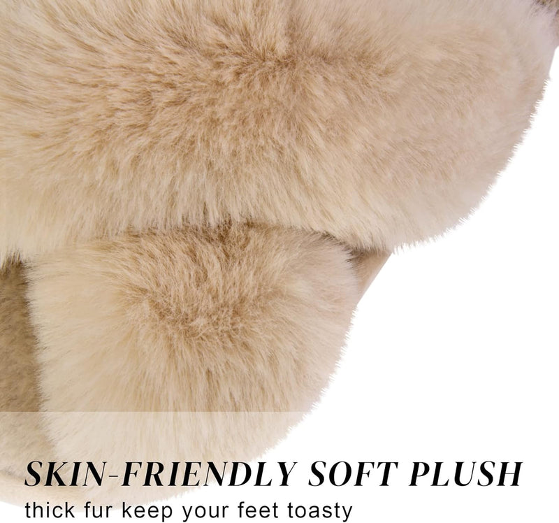 Women's Cross Band Slippers Soft Plush Furry Cozy Open Toe House Shoes Indoor Outdoor Faux Rabbit Fur Warm Comfy Slip On Breathable