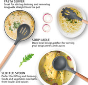 AWH ICVKRJ 12 Pcs Silicone Cooking Utensils Kitchen Utensil Set - 446F Heat Resistant,Turner Tongs, Spatula, Spoon, Brush, Whisk, Wooden Handle Gray Kitchen Gadgets with Holder for Nonstick Cookware