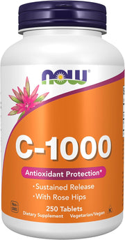 Foods Vitamin C-1000 Sustained Release with Rose Hips Time-Release Vitamin C for Immune Support & Antioxidant Protection & Collagen Formation & Long-Lasting Absorption 250 Tablets - 250 Capsules C-1000 With Rose