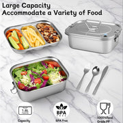 Stainless Steel Bento Box with Leak-Proof Lid and 3-Grid Divider, 1800ml Large Lunch Container with Utensils, Double Layer Metal Food Box for Adults, Kids, Office, Picnic, Camping, Meal Prep (Silver)