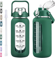 64oz Glass Water Bottles with Straw, Half Gallon Motivational Glass Bottle with Silicone Sleeve and Time Marker, 2L Leakproof Large Glass Water Jug for Gym Home Office,Black - 64 Ounces Ink green