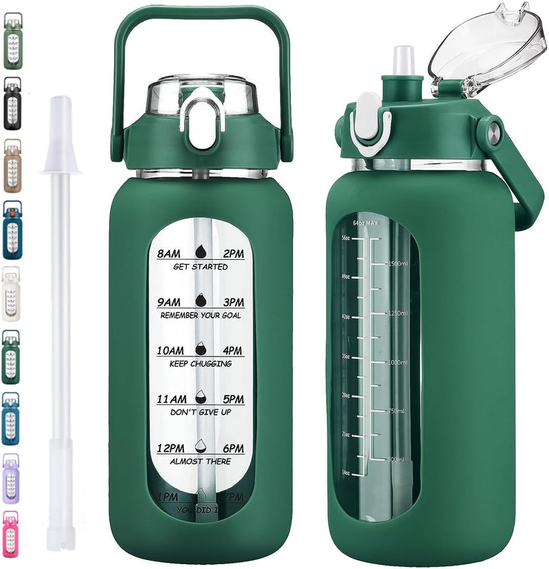 64oz Glass Water Bottles with Straw, Half Gallon Motivational Glass Bottle with Silicone Sleeve and Time Marker, 2L Leakproof Large Glass Water Jug for Gym Home Office,Black - 64 Ounces Ink green