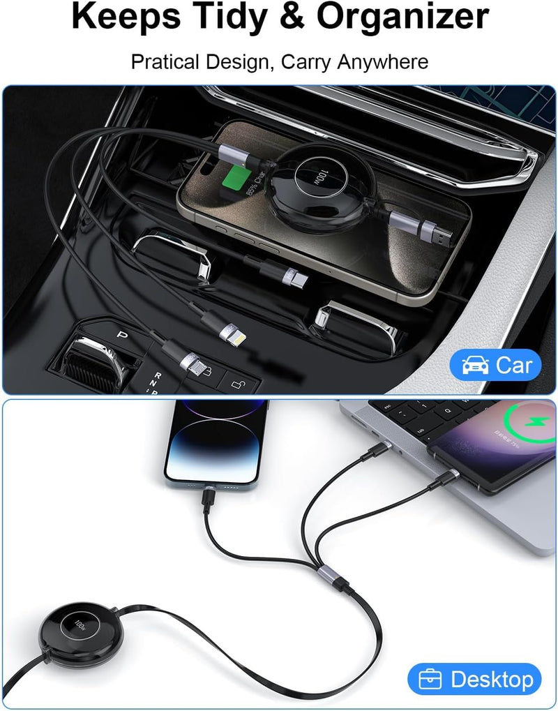 3-in-1 Retractable Multi Charging Cable, 100W Fast Charging USB-C/A to/USB-C/Micro USB Charger Cord for iPhone 15, for MacBook, and for iPad