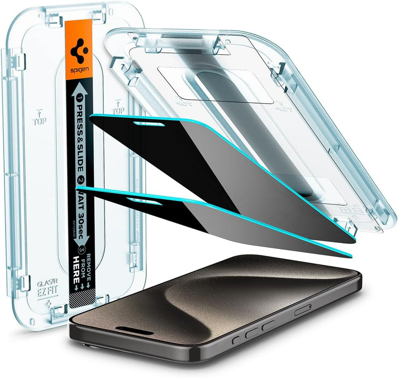 GLAStR EZ FIT PRIVACY 2 Pack designed for iPhone 15 Pro MAX Privacy Screen Protector Premium Tempered Glass with Auto Align technology - 2 PACK Anti-Spy, 9H Hardness Tempered Glass, Easy Installation Kit, Case-Friendly, Touch Responsive, Scratch Resistant