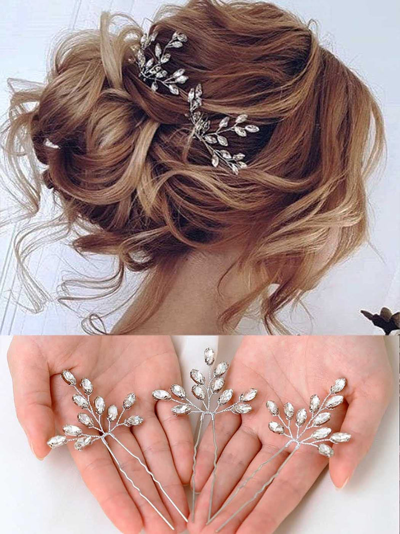 TERRIFI Crystal Bride Wedding Hair Pins Rhinstones Bridal Hair Accessories Head Piece for Women and Girls, Pack of 3,Silver