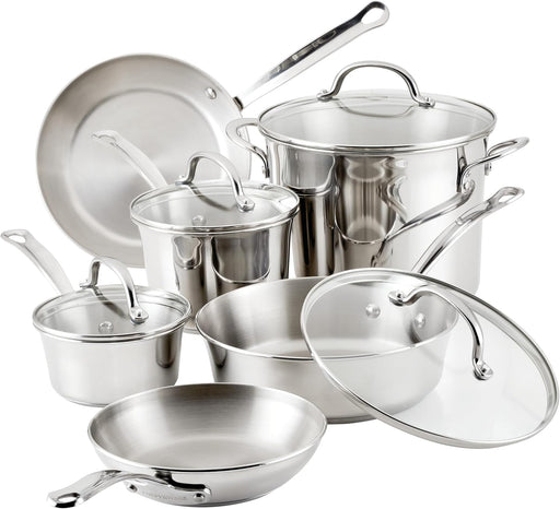 Farberware Millennium Stainless Steel Cookware Pots and Pans Set 10 Pcs Induction Compatible Cookware Set Cooking Set with Glass Lid FB75653 - Silver - Stainless Steel 10 Piece