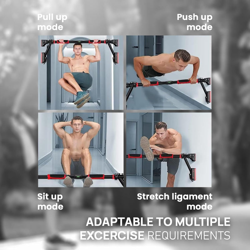 Pull Up Bar - Two-way Support Strength Training Chin up Bar for Doorway, 1 Pair of Gym Rings, 1Pair of Gloves, Portable Pullup Bar for Gym Exercise Fitness with Level Meter (Black, Pack of 3)