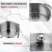 Vinod Stainless Steel 2-Tier Steamer 20cm Vegetable, Momo Steamer with Glass Lid, Sturdy Handle, Induction & Gas Friendly Perfect for Couscous, Dumplings & Rice Dishes