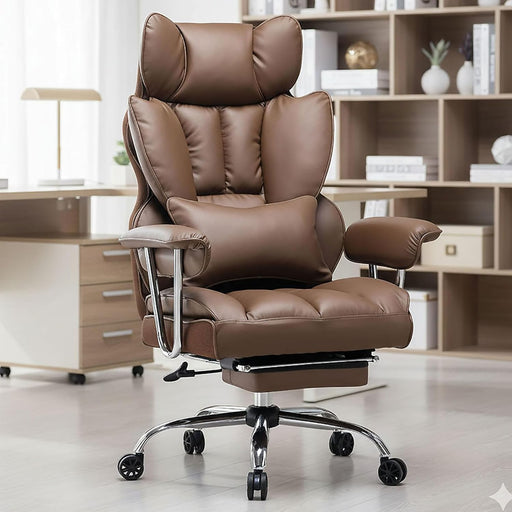 Big and Tall Office Chair 400lbs PU Leather Executive Desk Chair with Lumbar Support & Leg Rest, Heavy-Duty Computer Chairs for Home Office, Pink 400lbs support, 135 recline, dual-layer foam cushion, 23.5" seat & footrest. BIFMA - Brown