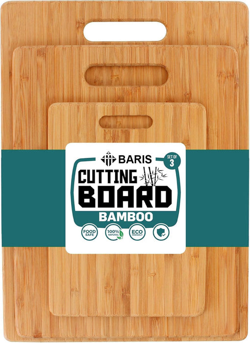 BARIS Bamboo Cutting Boards [Set of 3, Small, Medium, Large] ? Wooden Vegetable Chopping Board Set with Handles | Non-Slip Bamboo Wood Kitchen Accessories for Meat, Cheese, Fruits & Bread