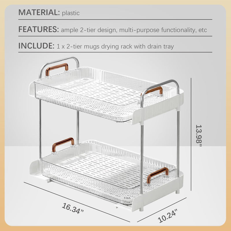 KASTWAVE Mugs Drying Rack with Drain Tray Water Cup Drying Rack Coffee Cup Storage Shelf Cups and Mugs Storage Organizer for Desktop and Countertop Decor White