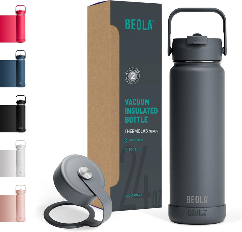 750ml Water Bottle 18/8 Stainless Steel 304 Double Wall Insulated thermo Bottle with Straw Lid and wide mouth, 2 lids included, Hot Cold Liquids Sports Bottle, 24oz (Raspberry) - Lava Gray