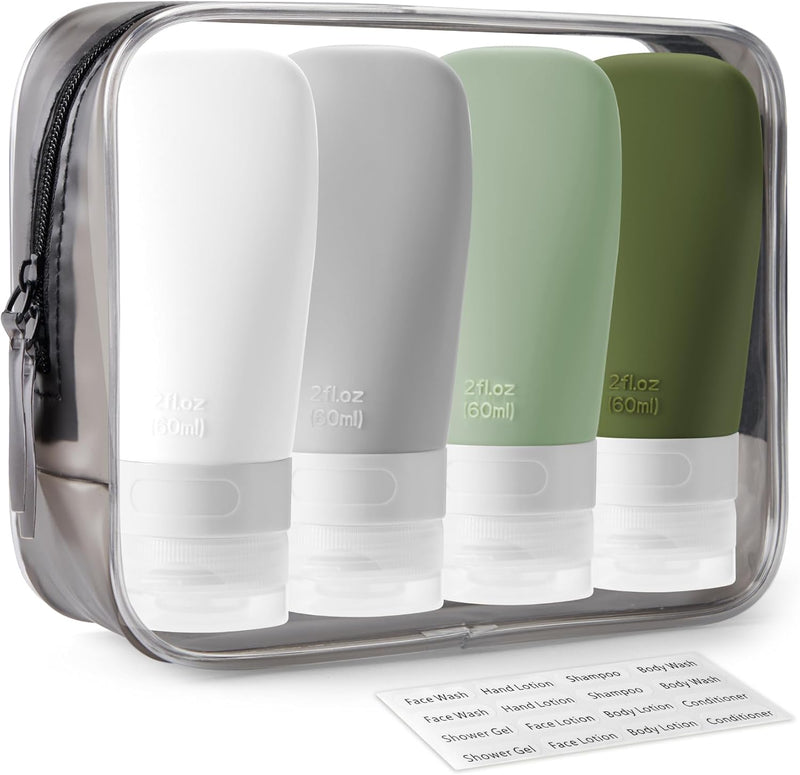 INSFIT Portable Travel Bottles, INSFIT TSA Carry On Approved Toiletries Containers, 60ml Leak Proof Squeezable Silicone Tubes, Refillable Travel Accessories for Shampoo Body Wash Liquids 4 PacK