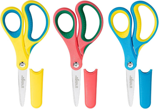 LIVINGO 3 Pack 5" Small Blunted Student Kids Craft Scissors Pink Red Blue Sharp School Scissors Stainless Steel Blades Safety Comfort Grip Handles for Children Cutting Paper - Pointed - Blue / Yellow / Pink