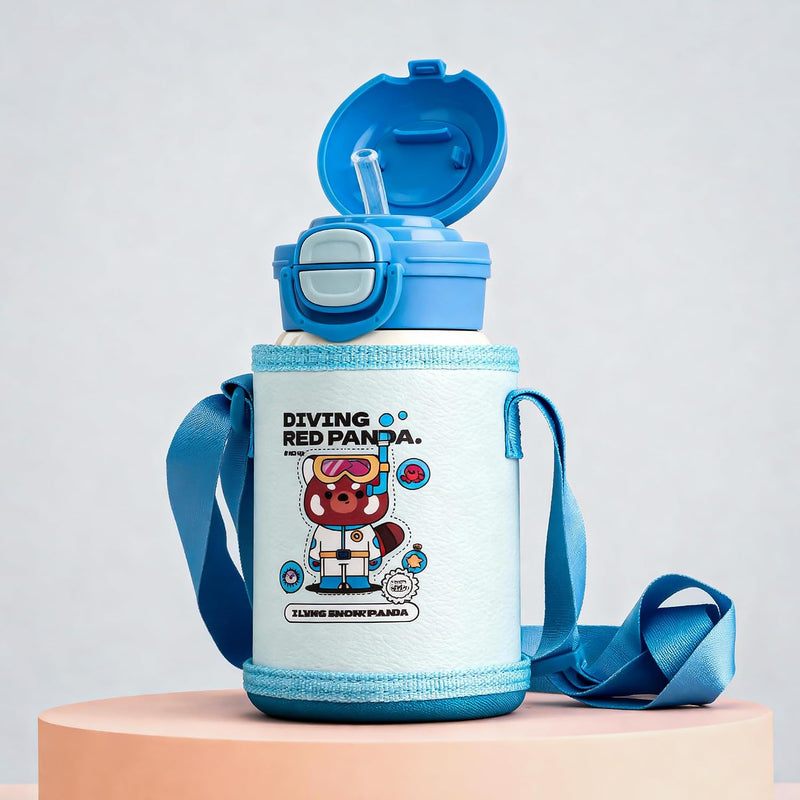Kids Cartoon Water Bottle 550ml Stainless Steel Vacuum Insulated Sipper with Straw & Lid BPA-Free Eco-Friendly School Flask Back to School Bottle for Boys & Girls (Green) - Blue