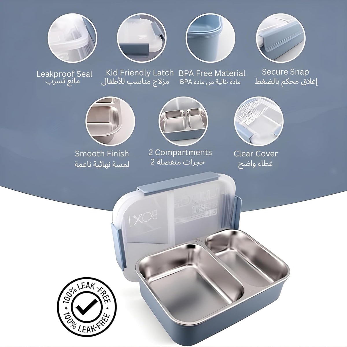 Stainless Steel Bento Lunch Box with 2 Compartments - Insulated, Leak Proof Bento Box for Kids, Adults Airtight Tiffin Lunchbox for Office, School (BLUE) – image 2