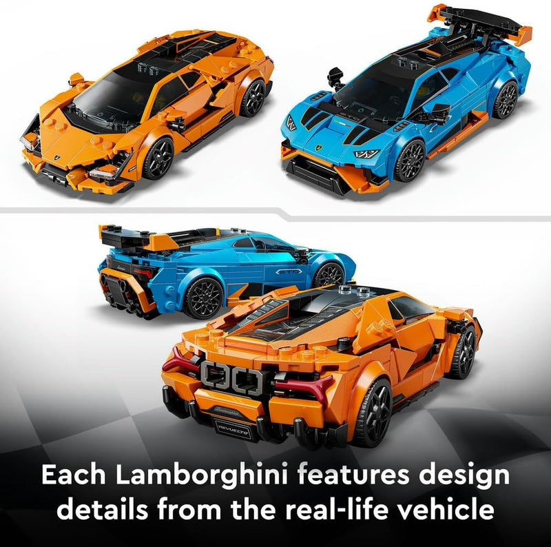 Speed Champions Lamborghini Revuelto & Huracán STO - Toy Race Cars Model Kit incl. 2 Driver Minifigures - Birthday Gift for 10+ Year Old Boys - 77238