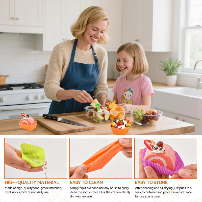 72 PCS Silicone Kids Lunch Box Dividers Set, 3 Shapes Multicolor Silicone Cupcake Cases Muffin Cases Baking Cake Molds Cup, Reusable Lunch Bento Box Accessories with Animal Food Picks for Kids Lunch