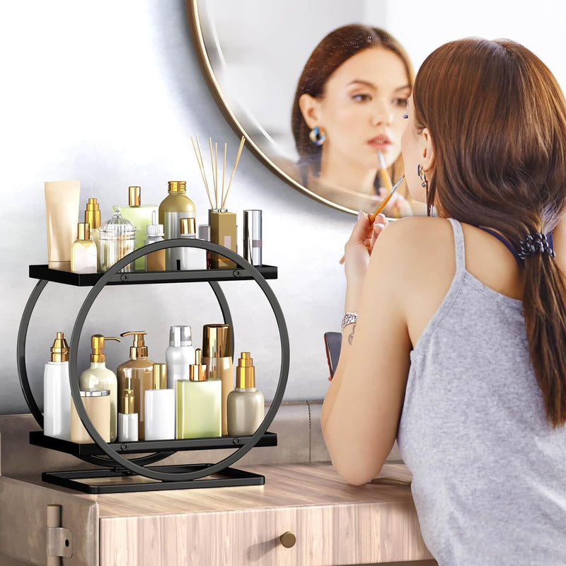 WEKOTEE Makeup Organizer for Vanity, Black Gold Perfume Organizer for Dresser- 2 Tier Skincare Organizers Bathroom Countertop Organizer, Make Up Counter Shelf Cosmetic Display Tray (55-02)