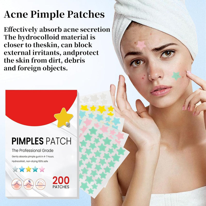 200Pcs Acne Pimple Patches, Hydrocolloid Acne Patch,Pimple Patches for Face, Colorful Star Pimple Spot Sticker with Hyaluronic Acid, for Covering Zits and Blemishes