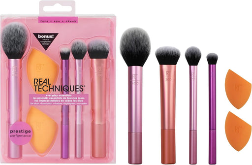 Real Techniques MakEUp Brush Set With 2 Sponge Blenders For Eyeshadow, Foundation, Blush, And Concealer, 6 Piece MakEUp Brush Set - Everyday Essentials, 6PC